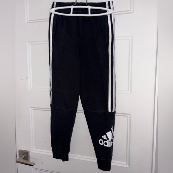 Adidas Kids Black Joggers with White Stripes Size 8 Small - Picture 2 of 9
